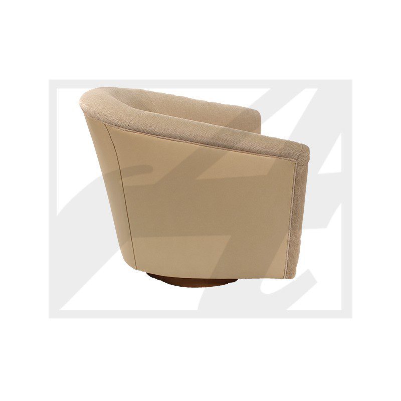 Side view of a beige modern armchair with a rounded base.
