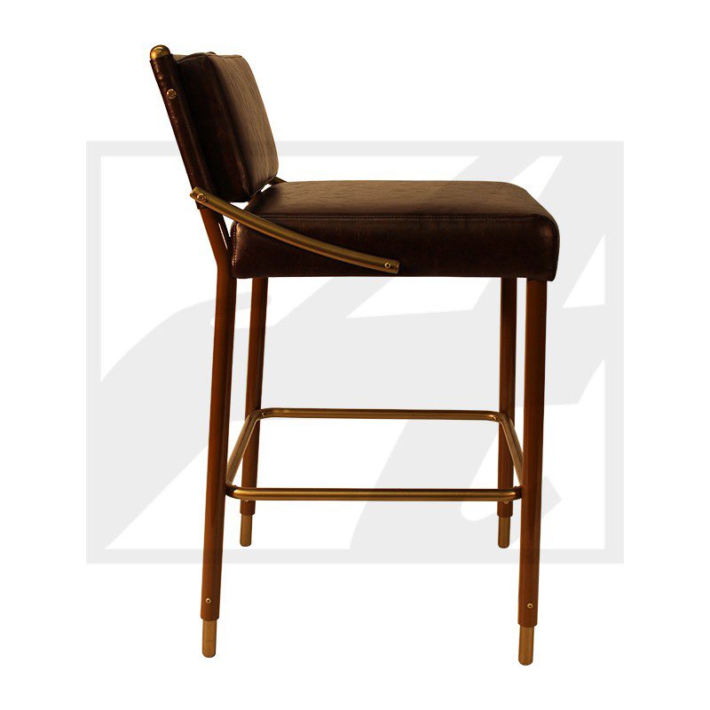 Elegant brown cushioned bar stool with wooden frame and backrest.