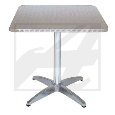 Square table with metal base and four legs.