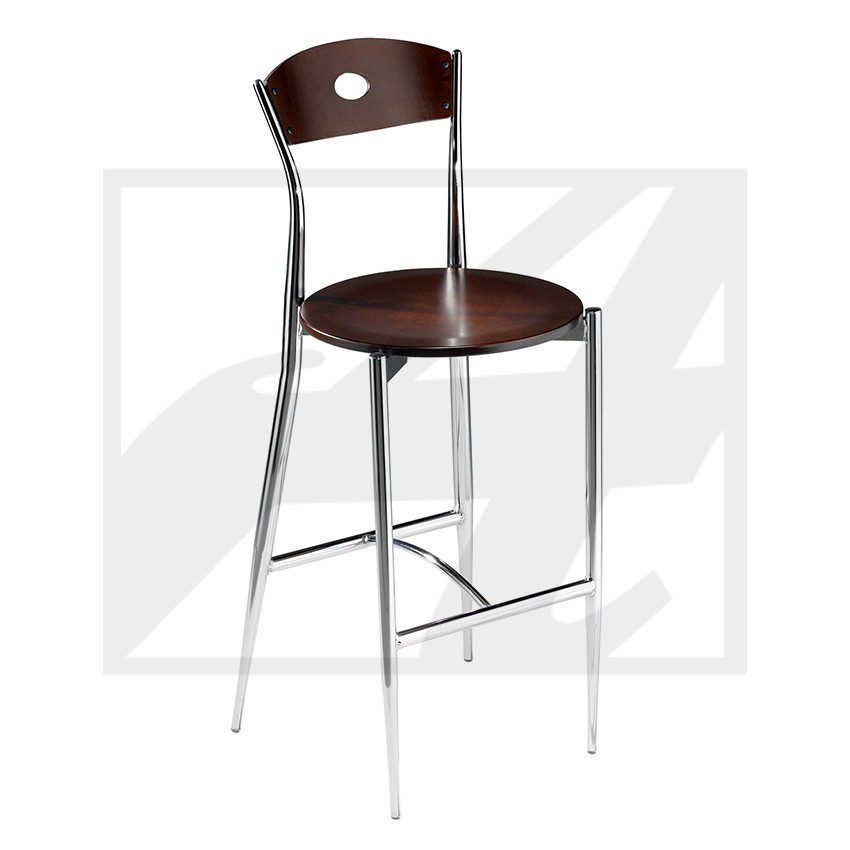 Modern bar stool with a metal frame and wooden seat and backrest.