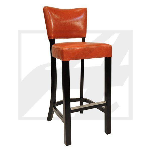 Orange leather bar stool with black wooden legs and a supportive backrest.