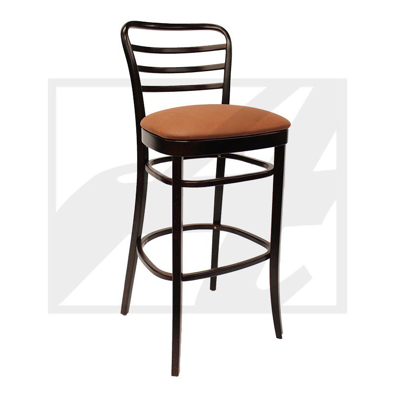 Tall black metal bar stool with a brown cushioned seat and ladder backrest.