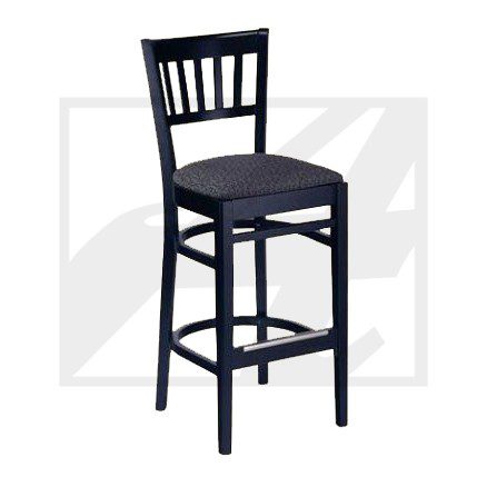 Black wooden bar stool with a cushioned seat and backrest.