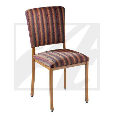 Wooden chair with striped upholstery in brown tones.