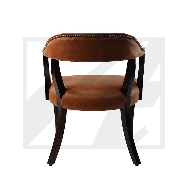 A wooden armchair with a curved backrest and seat.