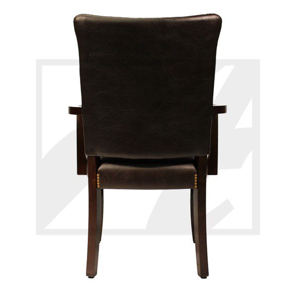 Back view of a dark brown leather chair with wooden legs.