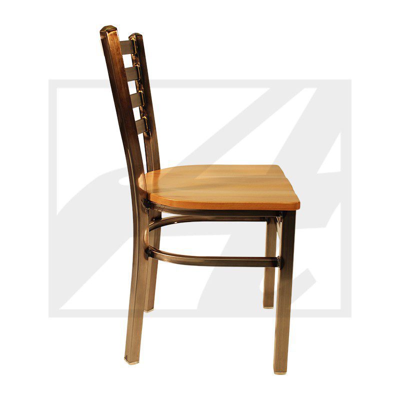 Wooden chair with a cushioned seat, viewed from the side.