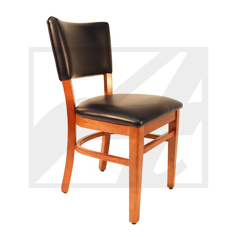 Wooden chair with black cushioned seat and backrest.