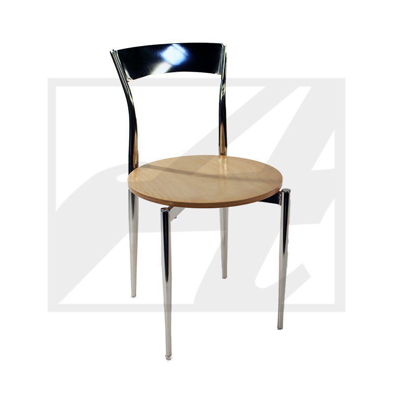 Minimalist chair with a wooden seat and metal frame.