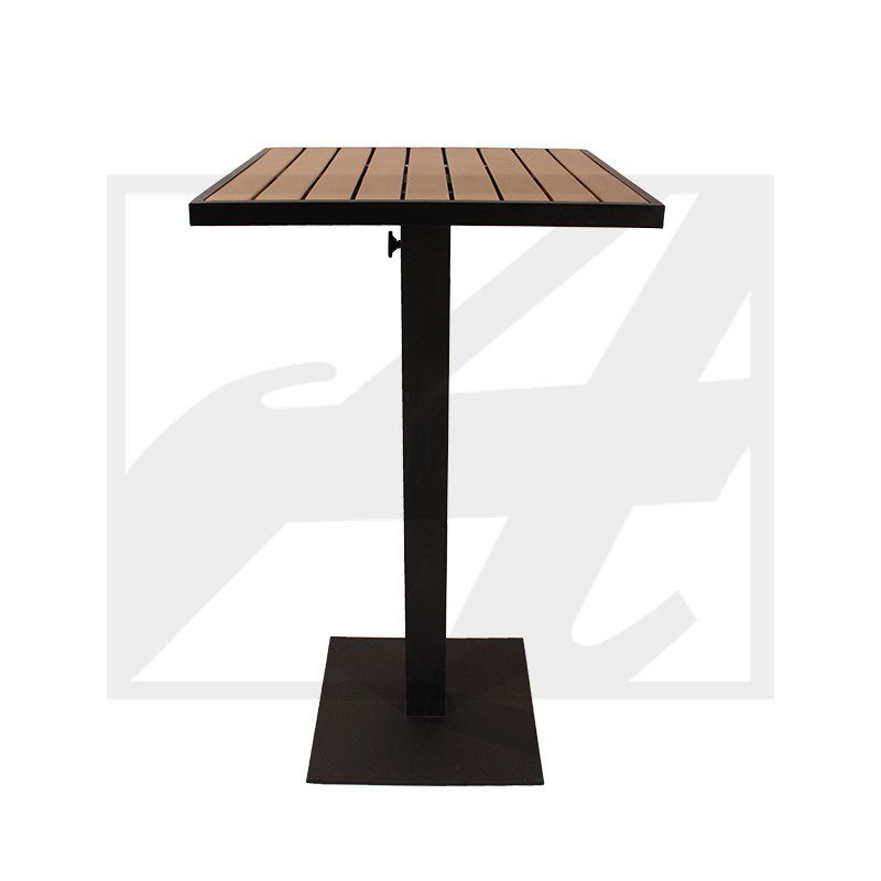 Square wooden table with black metal base.