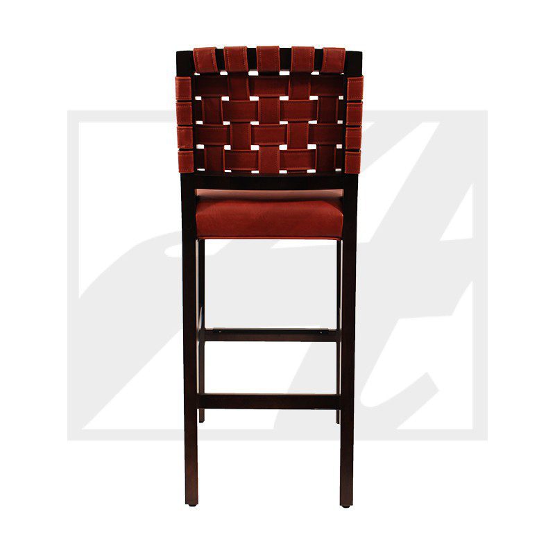 A tall wooden bar stool with a woven backrest and red cushion.