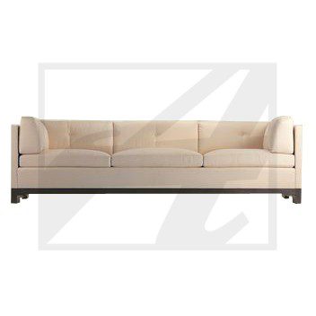 Modern beige sofa with clean lines and dark wooden legs.