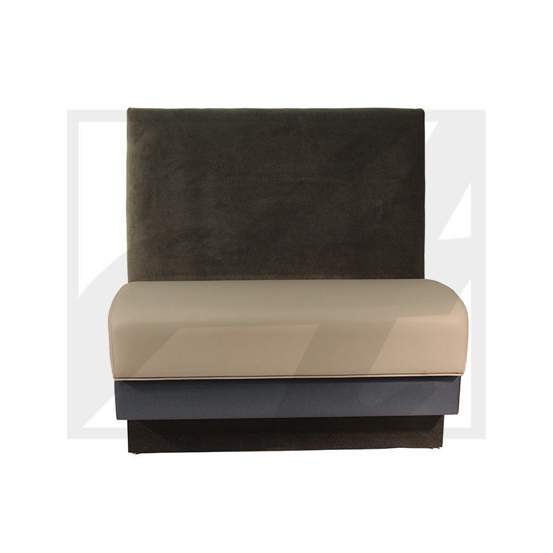 Modern bench with beige seat and dark backrest on a black base.