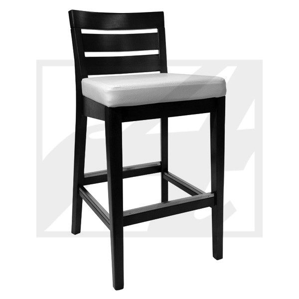 Black wooden bar stool with white cushioned seat and slatted backrest.