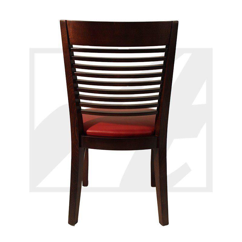 Wooden chair with a dark finish and red cushioned seat, viewed from the back.