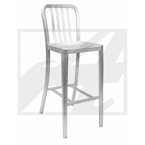 A simple metal bar stool with a backrest and footrest.