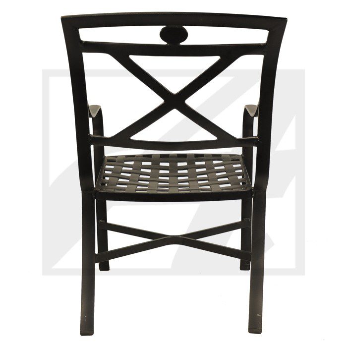 Black wooden chair with cross-back design viewed from the back.