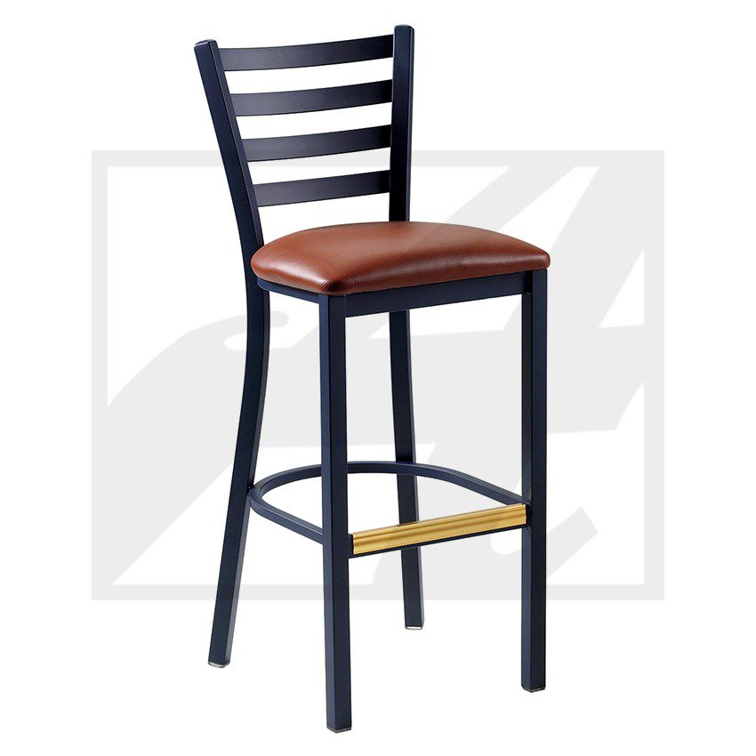 Black metal bar stool with brown cushioned seat and brass footrest.