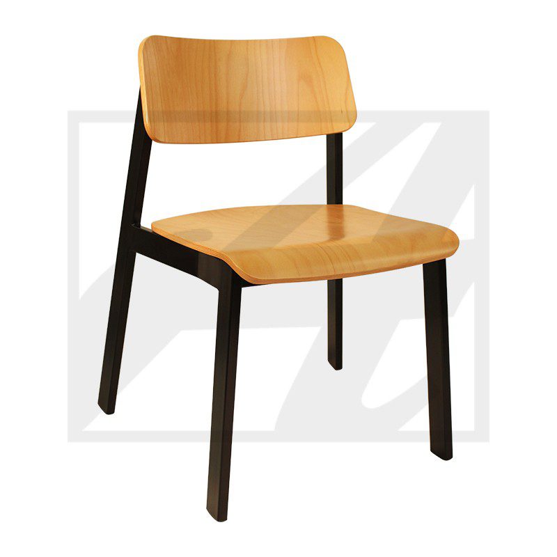 Modern wooden chair with black legs and a curved backrest.