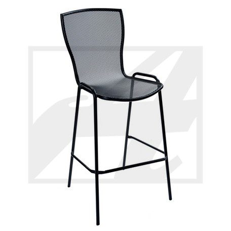 Modern black metal bar stool with mesh backrest and seat.