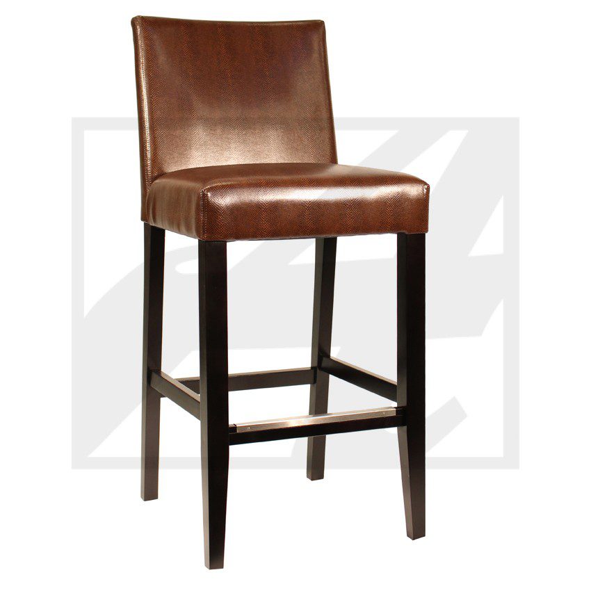 Brown leather bar stool with dark wooden legs and footrest.