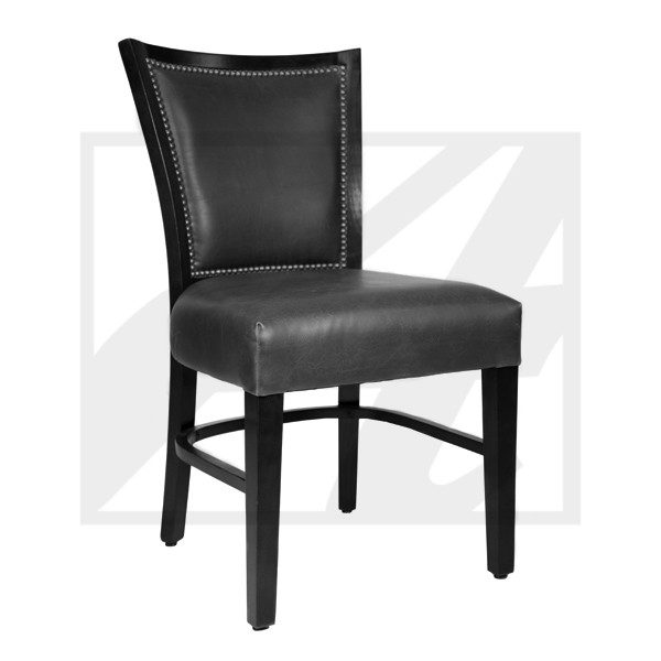 Black leather dining chair with wooden legs and cushioned backrest.