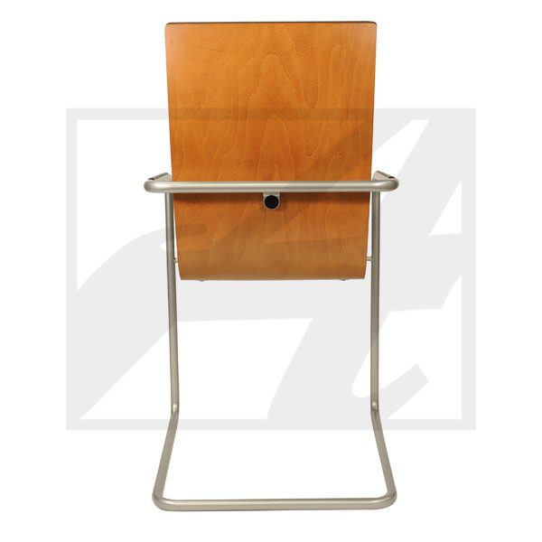 Simple wooden chair with a metal frame and cantilever design.