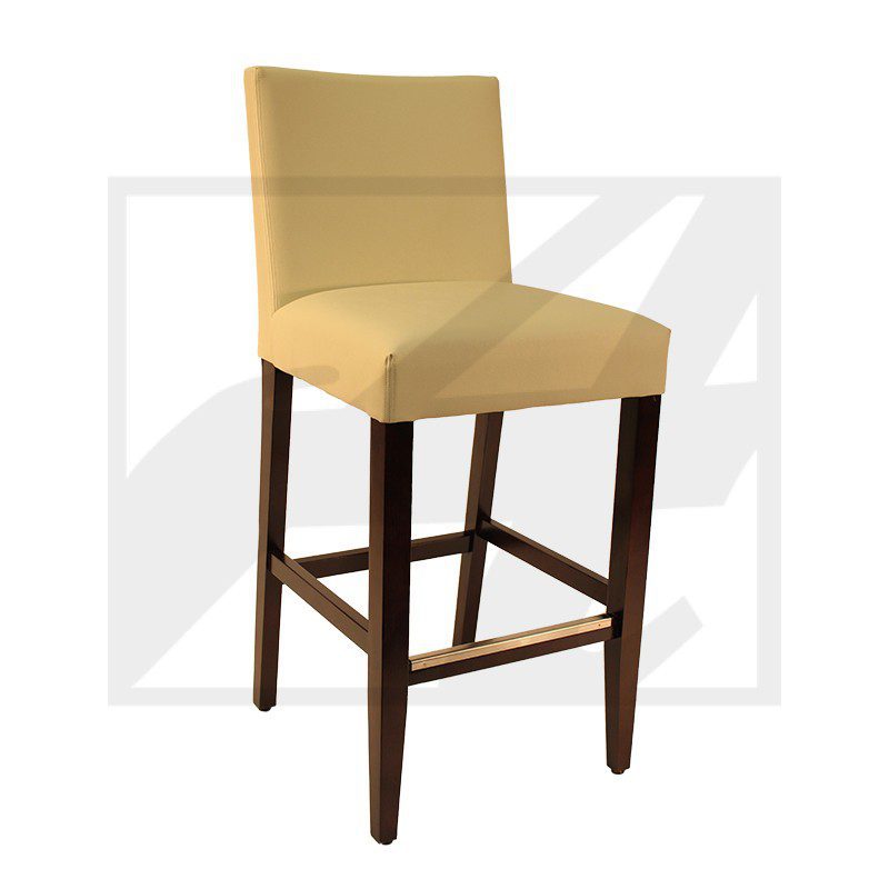 Modern yellow upholstered bar stool with wooden legs.