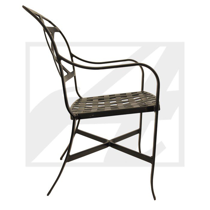 Elegant metal chair with armrests and a woven seat.