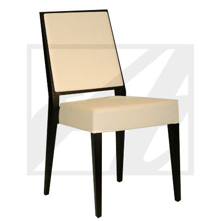 Modern beige upholstered dining chair with dark wooden legs.
