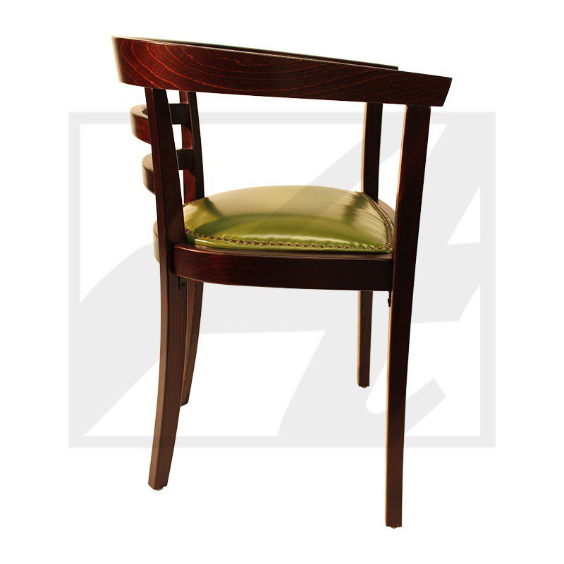 Wooden chair with a green cushioned seat and a modern backrest design.