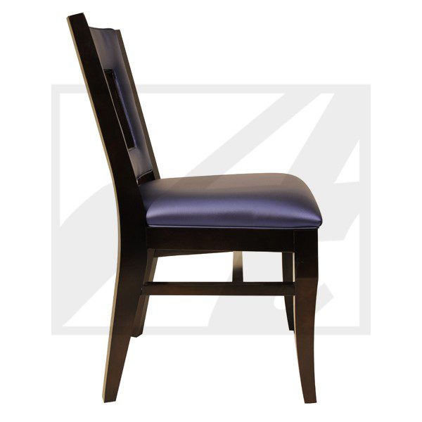 Side view of a dark wooden chair with a cushioned seat and backrest.