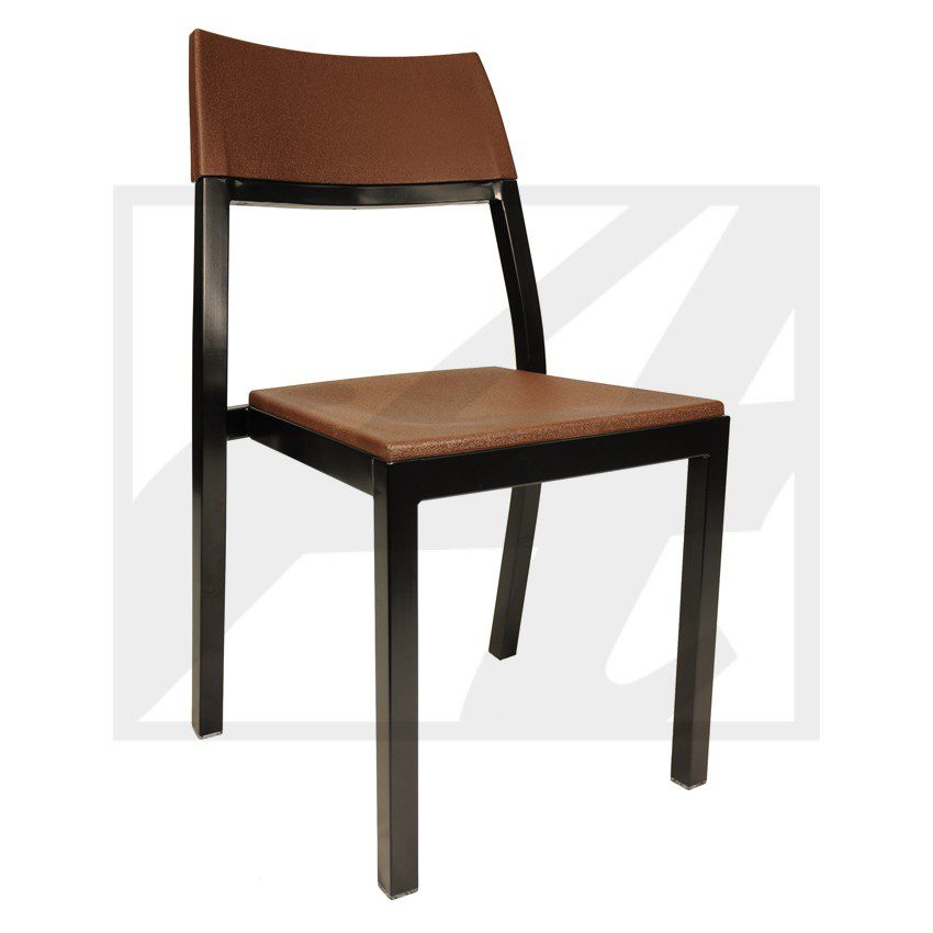 Simple wooden chair with brown seat and backrest.
