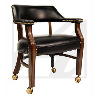 Elegant black leather office chair with wooden frame and brass casters.
