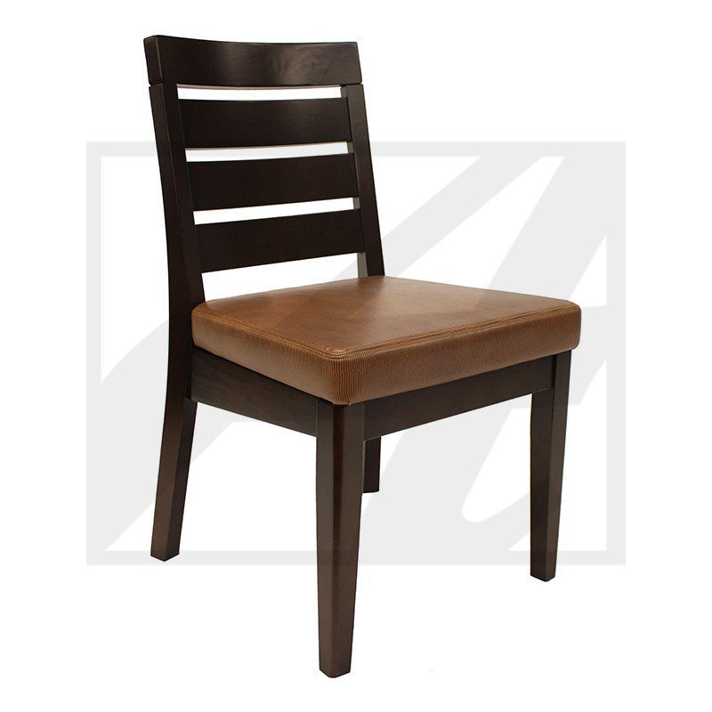 Wooden chair with a cushioned seat and slatted backrest.