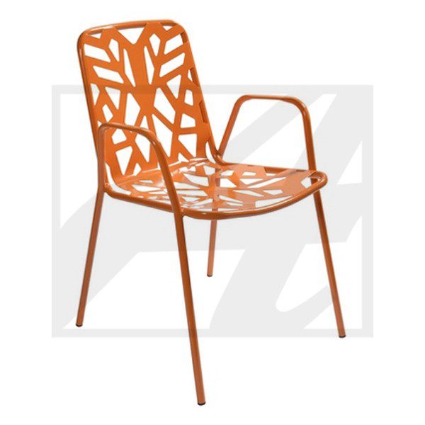 Modern orange chair with a leaf-patterned backrest and sleek metal legs.