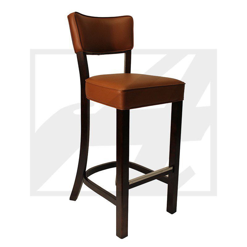Tall brown bar stool with cushioned seat and backrest.