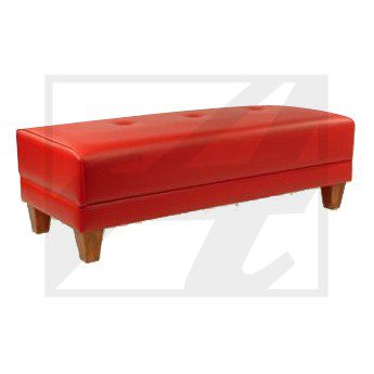 Red upholstered rectangular ottoman with wooden legs.