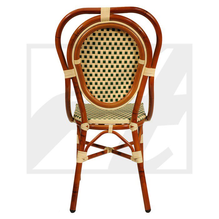 A stylish rattan chair with a woven cane backrest and seat.