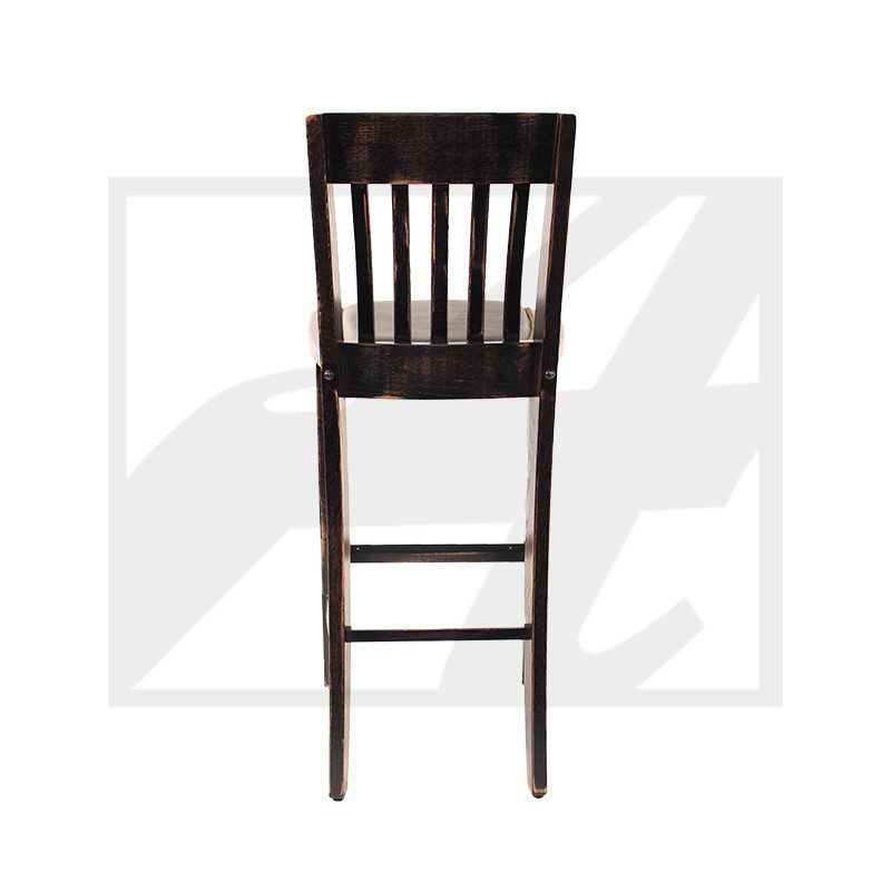 Tall wooden bar stool with vertical slats on the backrest.
