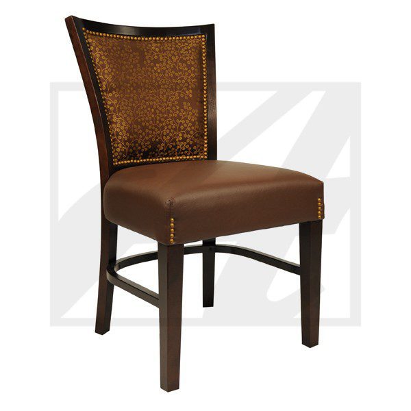 Elegant brown upholstered dining chair with wooden legs.
