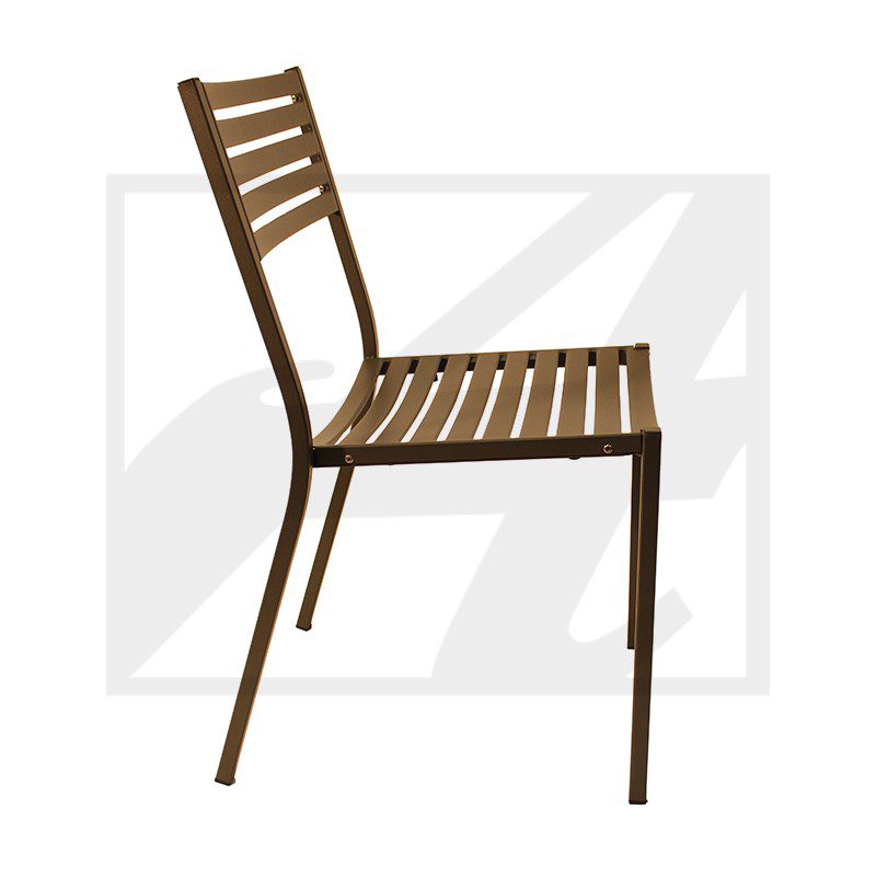 Side view of a brown metal and wood slat chair.