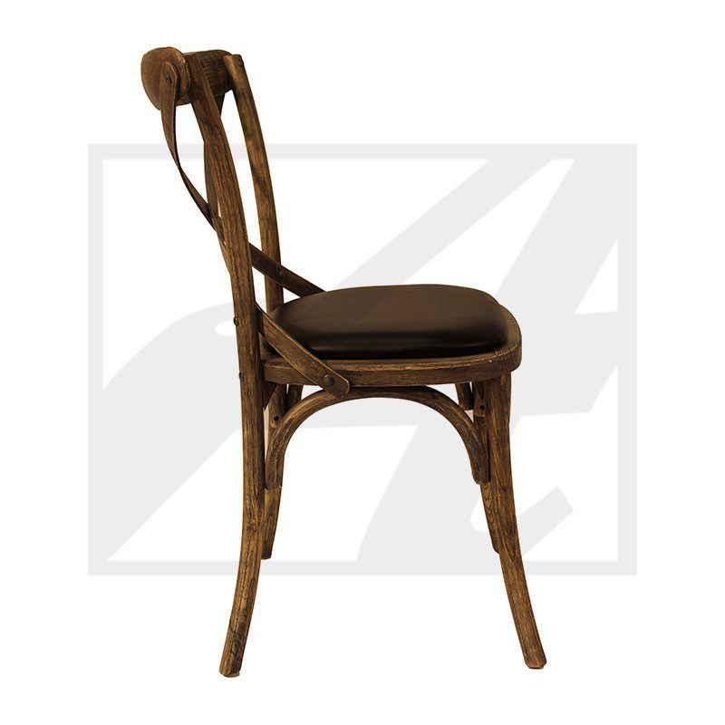 Rustic wooden chair with a dark cushioned seat.