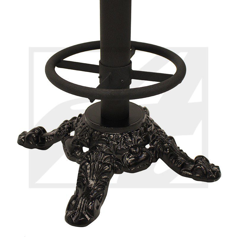 Close-up of a black metal stool base with a footrest ring.