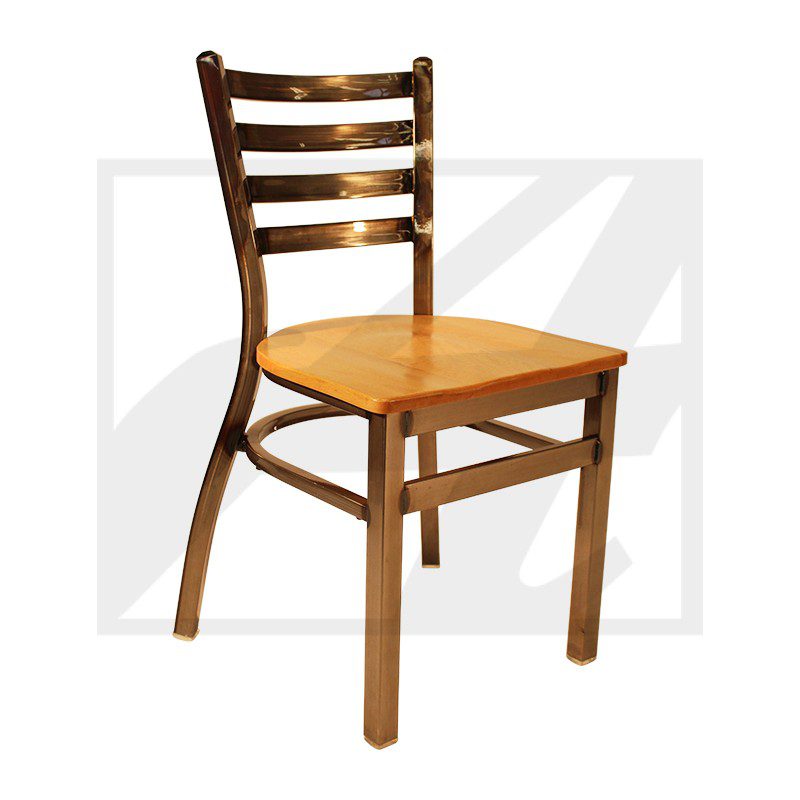 Wooden chair with a ladder back design and a light brown seat.