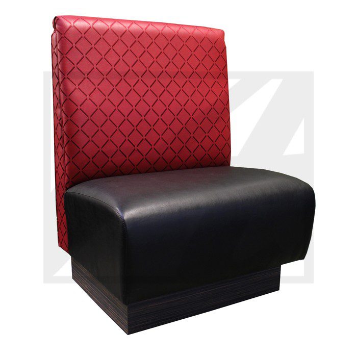 Modern two-tone restaurant booth seat with red backrest and black seat.