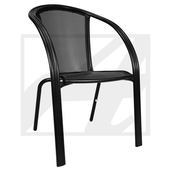 Black metal mesh chair with curved armrests and four legs.