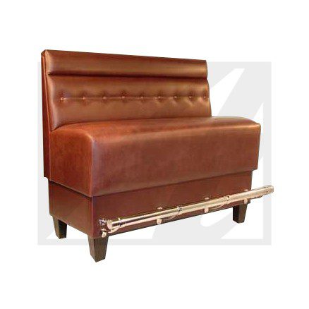 Brown leather restaurant booth seating with wooden legs.