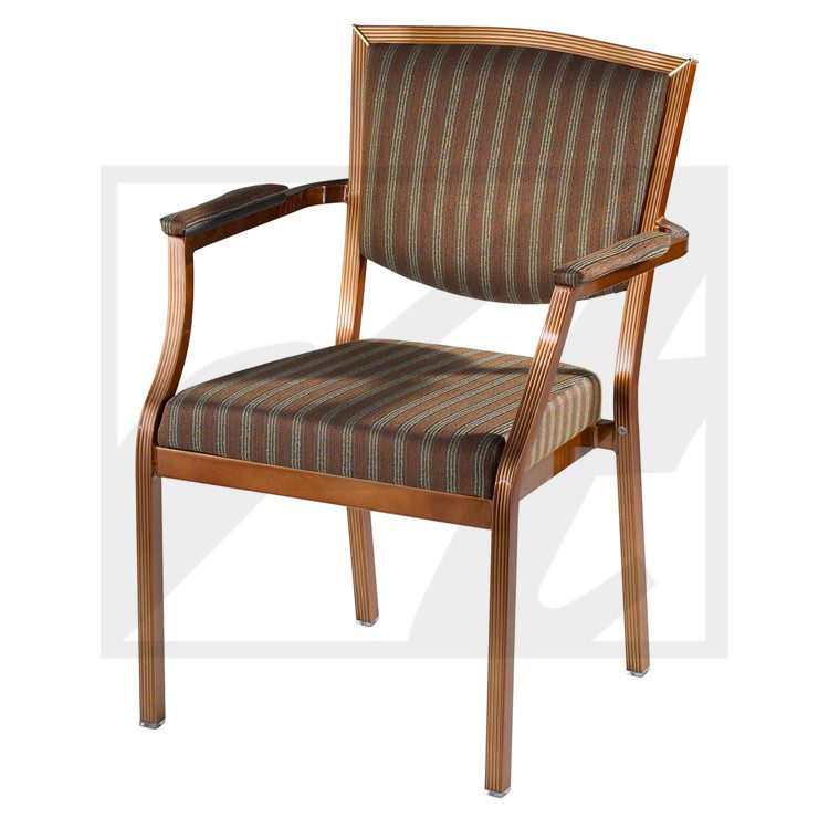 Wooden armchair with striped upholstery and cushioned seat.