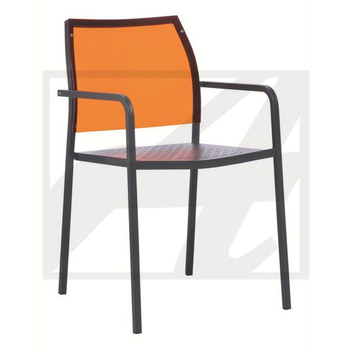 Modern chair with orange backrest and black frame casting shadow.